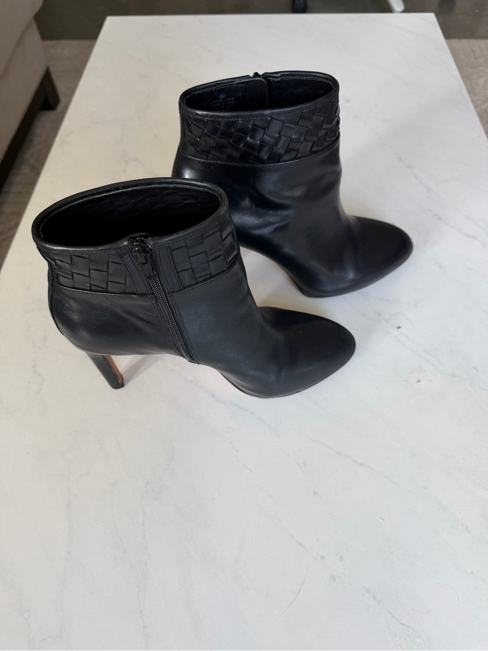 Antonio Melani Black Leather Ankle Booties with Woven Collar Detail